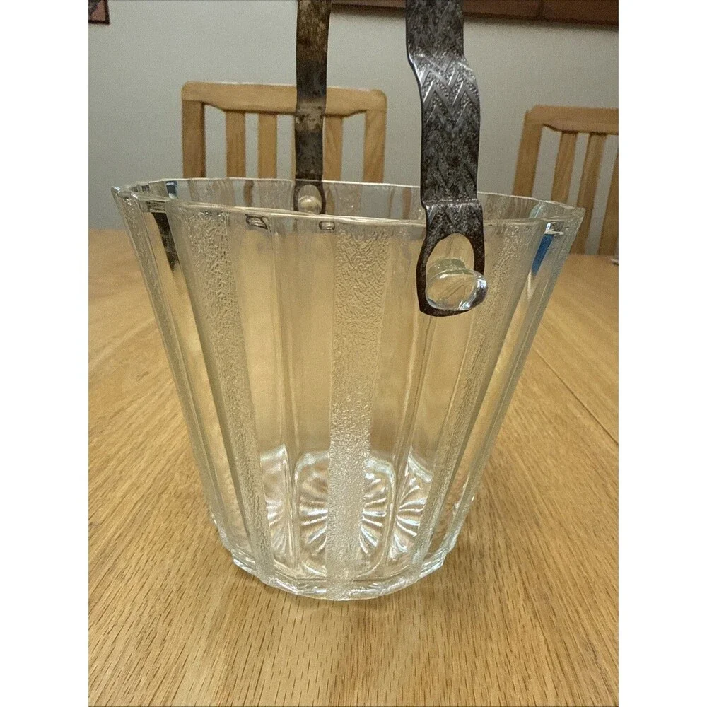 Vintage MCM Crystal Glass Ice Bucket Metal Handle Heller Co. Brooklyn NY Deco